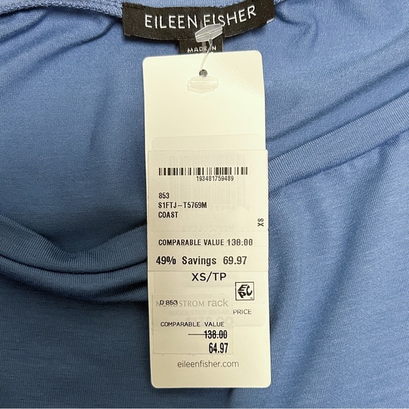 Eileen Fisher Coast Blue Short Sleeve Long A Line Tunic Wide Side Slits XS NWT - Picture 8 of 12